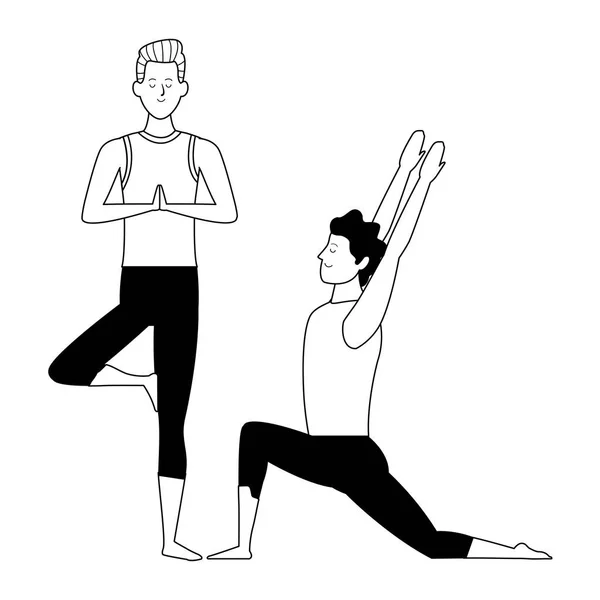 Hombres yoga poses blanco y negro — Vector de stock