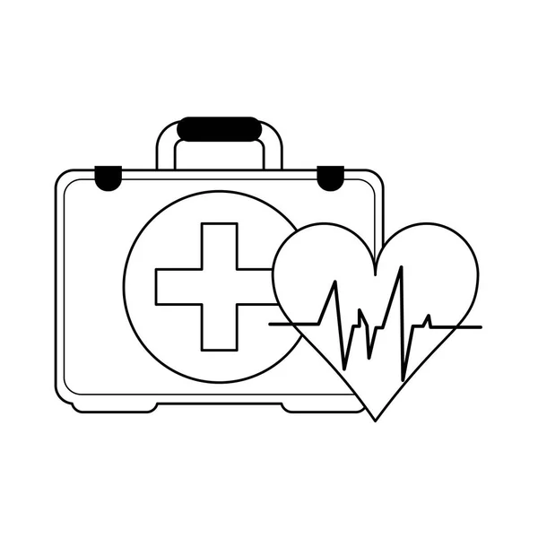 Maleta médica y símbolo del latido del corazón en blanco y negro — Vector de stock