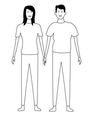 Genç sevgili, siyah beyaz çizgi film.