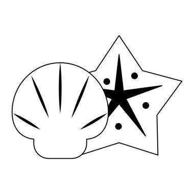 Kabuk ve deniz yıldızı karikatürler izole siyah beyaz