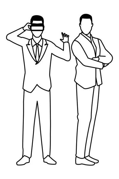 Hommes d'affaires portant casque de réalité virtuelle noir et blanc — Image vectorielle