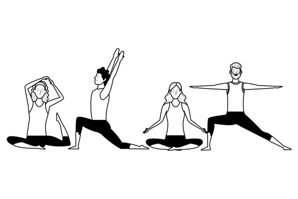 People Yoga posiert schwarz und weiß — Stockvektor