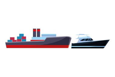 Konteyner kutuları ve yatch ile kargo gemisi