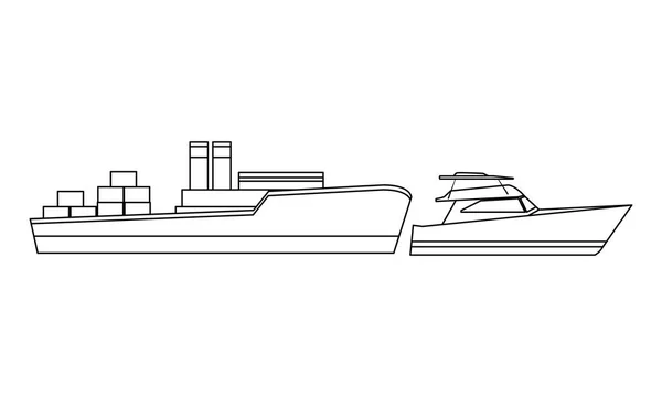 Cargo ship with container boxes and yatch black and white