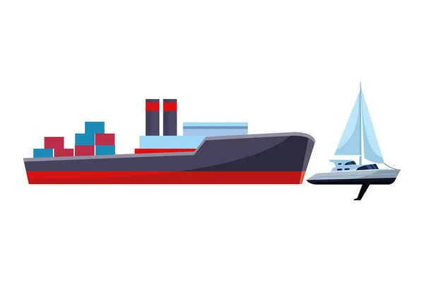 Грузовой корабль с контейнерными коробками и парусником — стоковый вектор