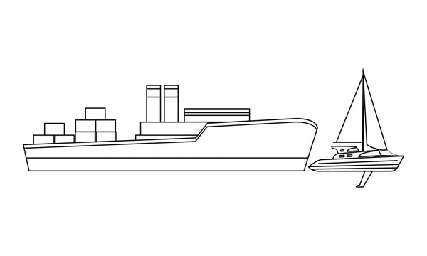 Statek towarowy z skrzynką kontenerową i żaglówką czarno-białą — Wektor stockowy