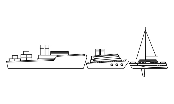 Statek towarowy z kontenerowych skrzynek cruisstaż i żaglówka czarno-biała — Wektor stockowy