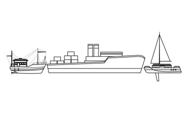 Konteyner kutuları balıkçı teknesi ve yelkenli siyah beyaz ile Kargo gemisi
