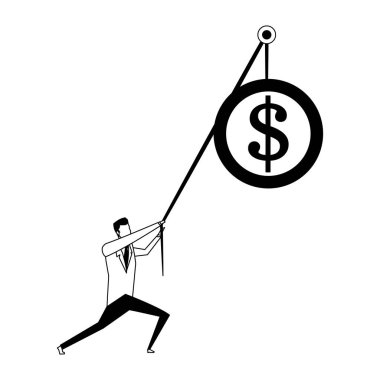 İşadamı siyah beyaz ip ile sikke çekerek