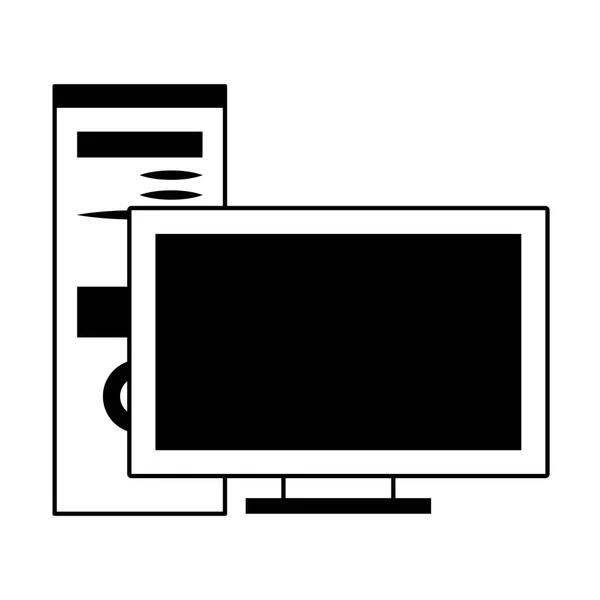 Monitor de computadora de escritorio y tecnología de CPU en blanco y negro — Vector de stock