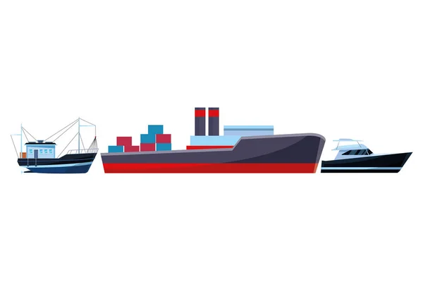 Vrachtschip met container dozen Fisher Boat en yatch — Stockvector