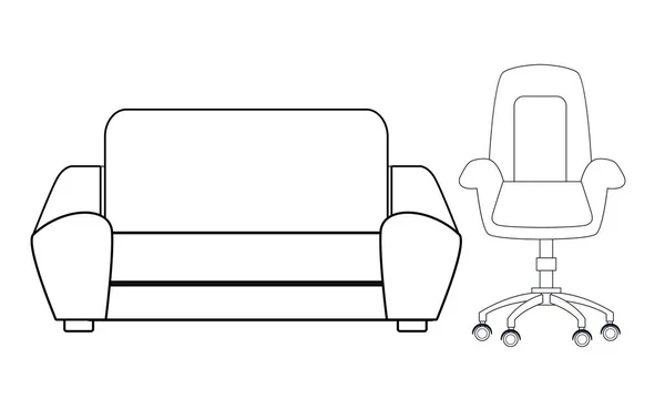 Sohva ja työtuoli mustavalkoinen — vektorikuva