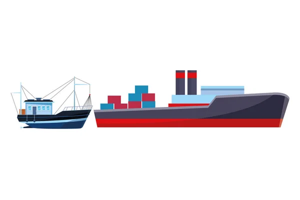 Konteyner kutuları ve balıkçı teknesi ile kargo gemisi — Stok Vektör
