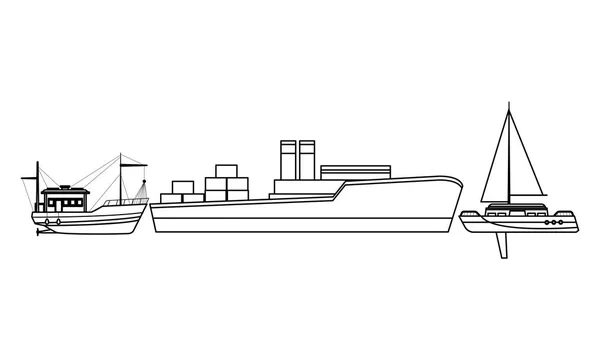 Statek towarowy z pojemnikiem na statki rybackie i żaglówkę czarno-białą — Wektor stockowy