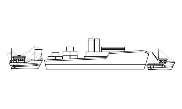 Navio de carga com caixas de contêineres e barcos de pesca preto e branco — Vetor de Stock