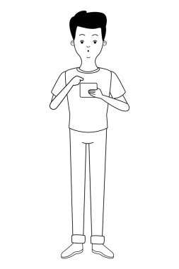 Siyah beyaz akıllı telefon karikatürlü genç adam.