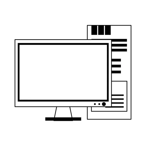 Bilgisayar monitörü ve işlemci teknolojisi siyah beyaz izole — Stok Vektör