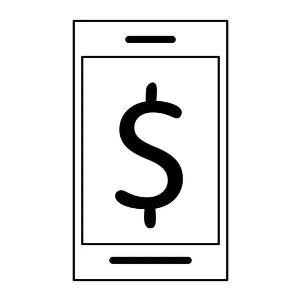 Smartfon z symbolem pieniężnego na białym tle czarno-białym — Wektor stockowy
