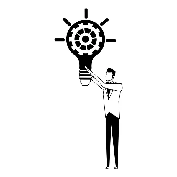 Ampoule homme d'affaires avec engrenage à l'intérieur en noir et blanc — Image vectorielle