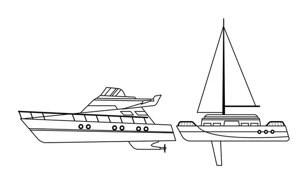 Velero barco marino de viaje y yatch blanco y negro — Vector de stock