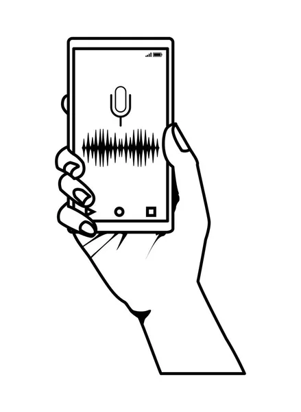 Mano celebración de teléfono celular en blanco y negro — Vector de stock