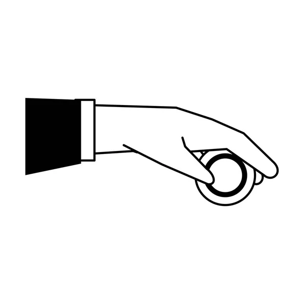 Mão com moeda isolada desenhos animados em preto e branco — Vetor de Stock