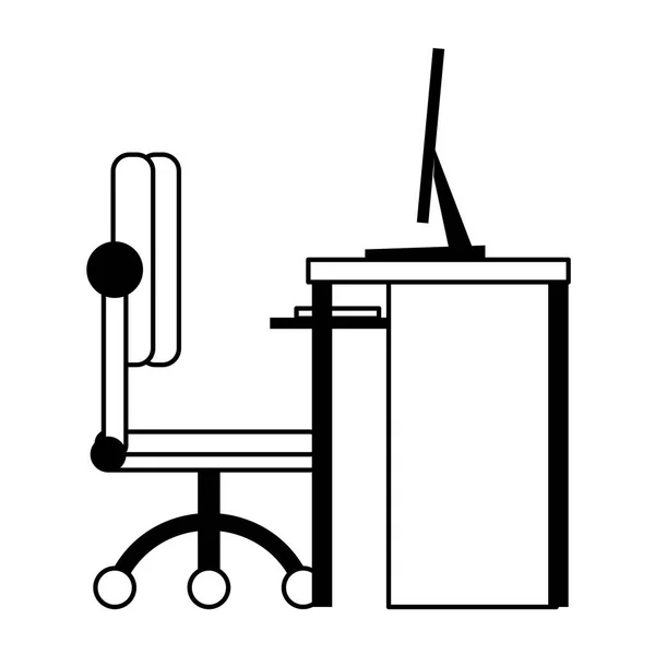 Desk computer with chair office cartoon in black and white — Stock Vector