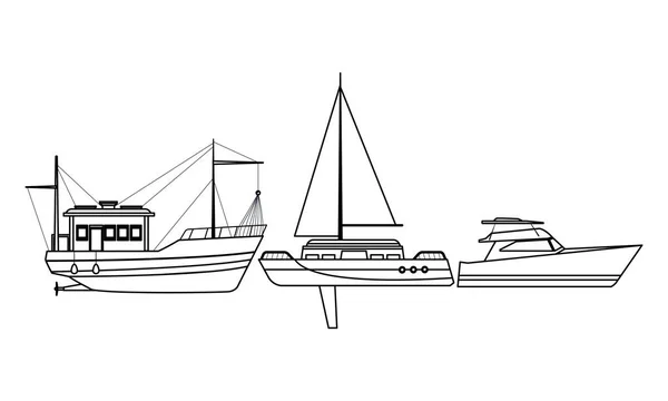 Fiskebåt Sea Travel segelbåt och Yatch svart och vitt — Stock vektor