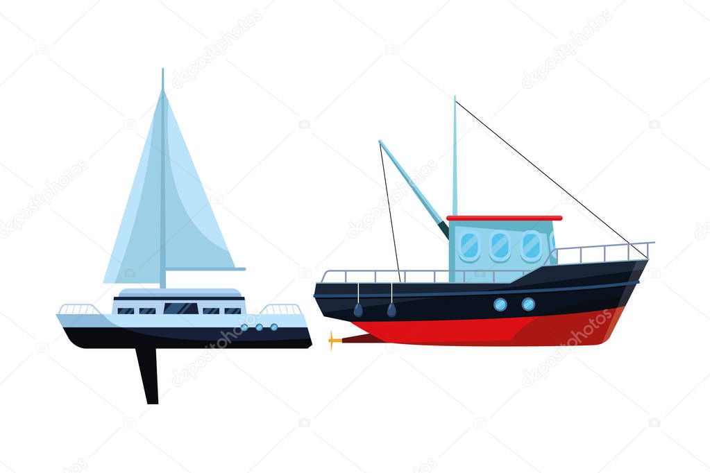 Fishing boat sea travel and sailboat