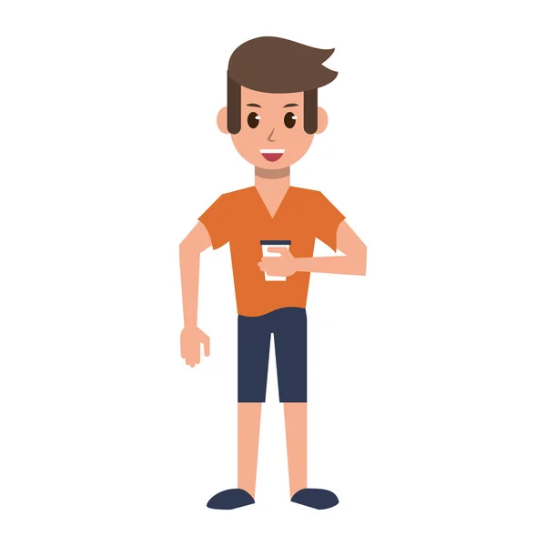 Hombre joven con la taza de café de dibujos animados — Vector de stock