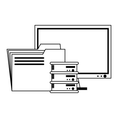 Sunucular ve veritabanı teknoloji sembolleri siyah beyaz