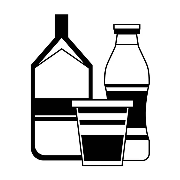Boîte à lait et bouteille de yaourt et tasse en noir et blanc — Image vectorielle