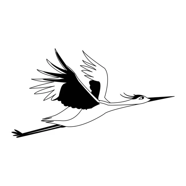 Cicogna che vola isolata in bianco e nero — Vettoriale Stock