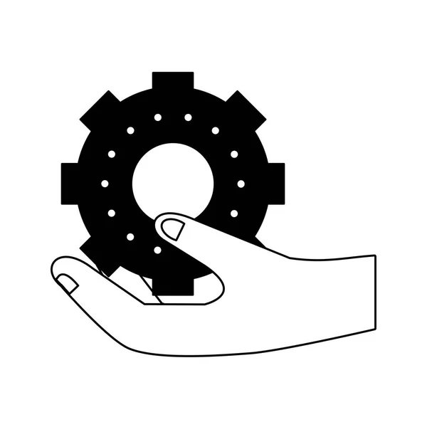 Mano con símbolo de engranaje aislado en blanco y negro — Vector de stock