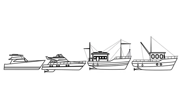 Fischerboot Seefahrt und Yatch Paar schwarz und weiß — Stockvektor
