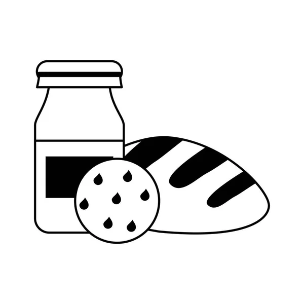 Bouteille de yaourt avec biscuit et pain en noir et blanc — Image vectorielle