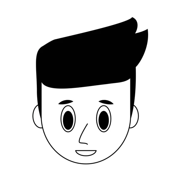 Jeune homme visage dessin animé en noir et blanc — Image vectorielle