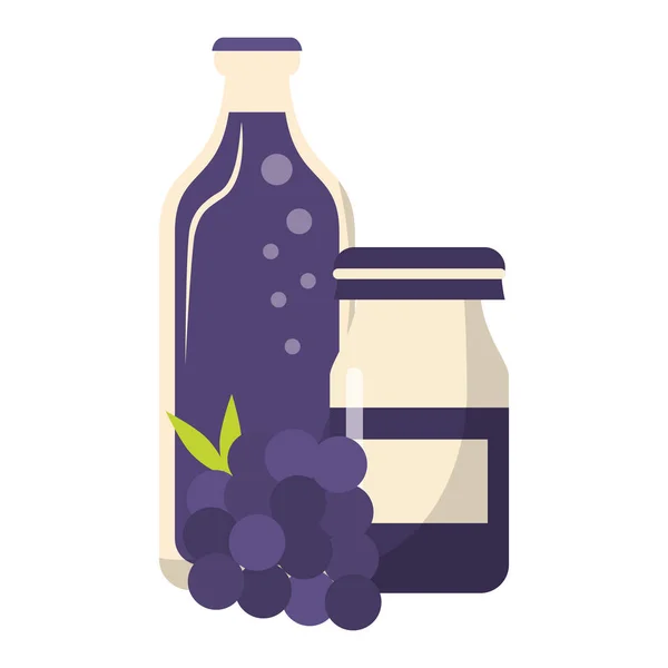 Traubensaftflaschen und Fruchtkarikatur — Stockvektor