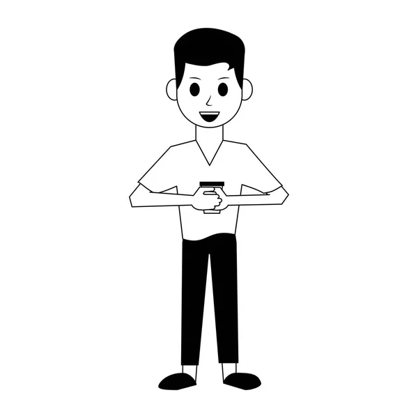 Jeune homme avec tasse de café dessin animé en noir et blanc — Image vectorielle