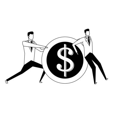 İşadamları iterek ve siyah beyaz bir sikke tutarak