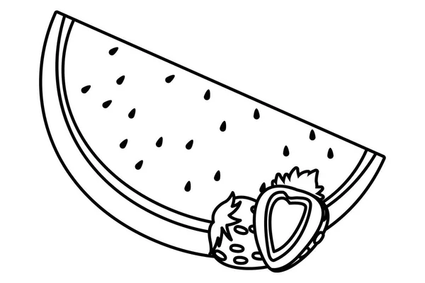 Dibujos animados de frutas de sandía y fresas en blanco y negro — Archivo Imágenes Vectoriales