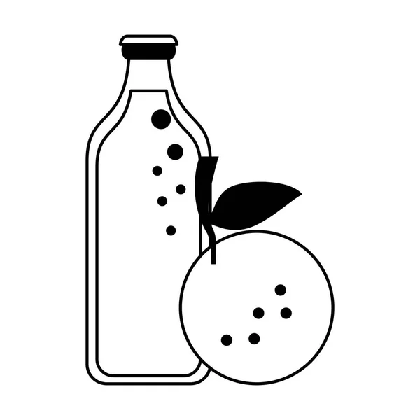 Bouteille de jus d'orange et dessin animé de fruits en noir et blanc — Image vectorielle