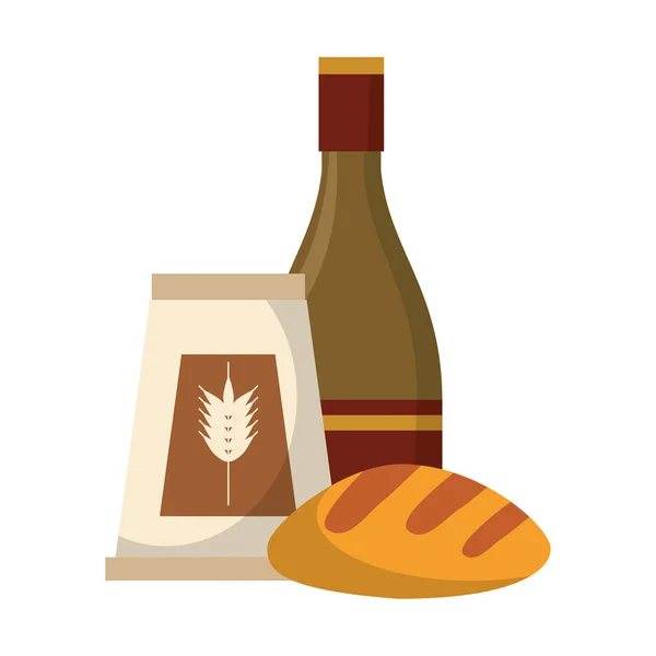 Garrafa de champanhe e farinha de trigo com pão — Vetor de Stock