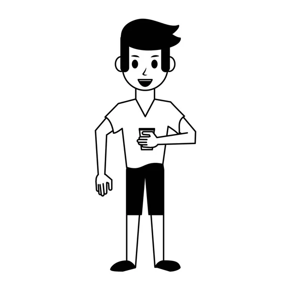 Joven hombre con taza de café de dibujos animados en blanco y negro — Vector de stock