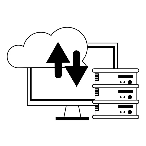 Computação em nuvem e símbolos de tecnologia em preto e branco — Vetor de Stock