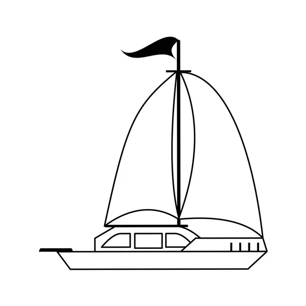 Segelboot Schiff Seitenansicht Karikatur isoliert in schwarz und weiß — Stockvektor