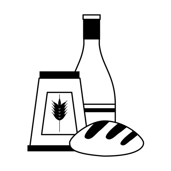 Garrafa de champanhe e farinha de trigo com pão em preto e branco — Vetor de Stock