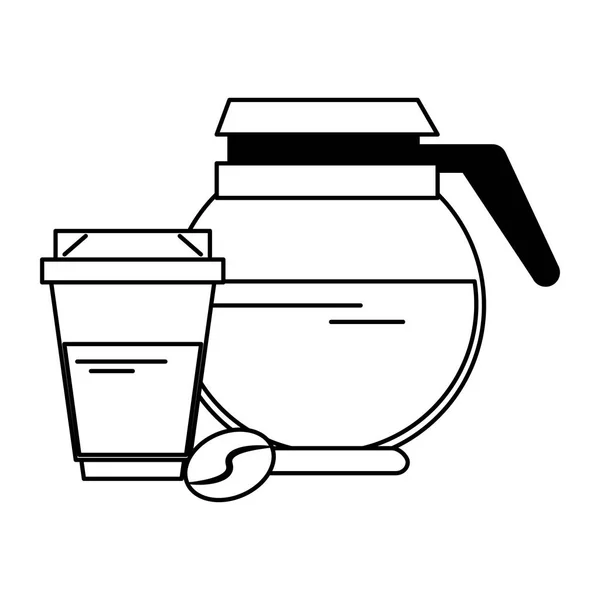 Cafetière boisson chaude avec tasse en plastique en noir et blanc — Image vectorielle