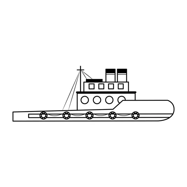 Balık gemi tekne sideview siyah beyaz izole karikatür — Stok Vektör