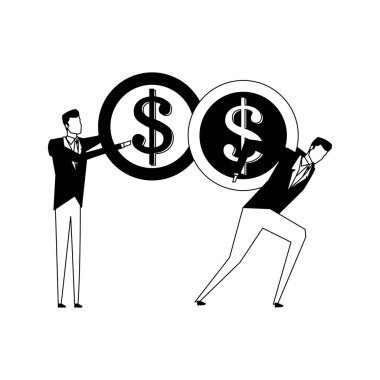 Siyah beyaz arka larında bozuk para tutan işadamları